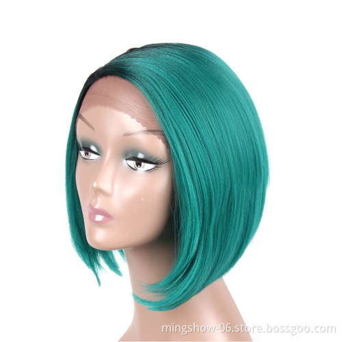 Machine Made Heat Resistant Synthetic Wig Short Silky Straight Bob Hair Style Ombre Two Tone Green Dark Gray Afro Wigs